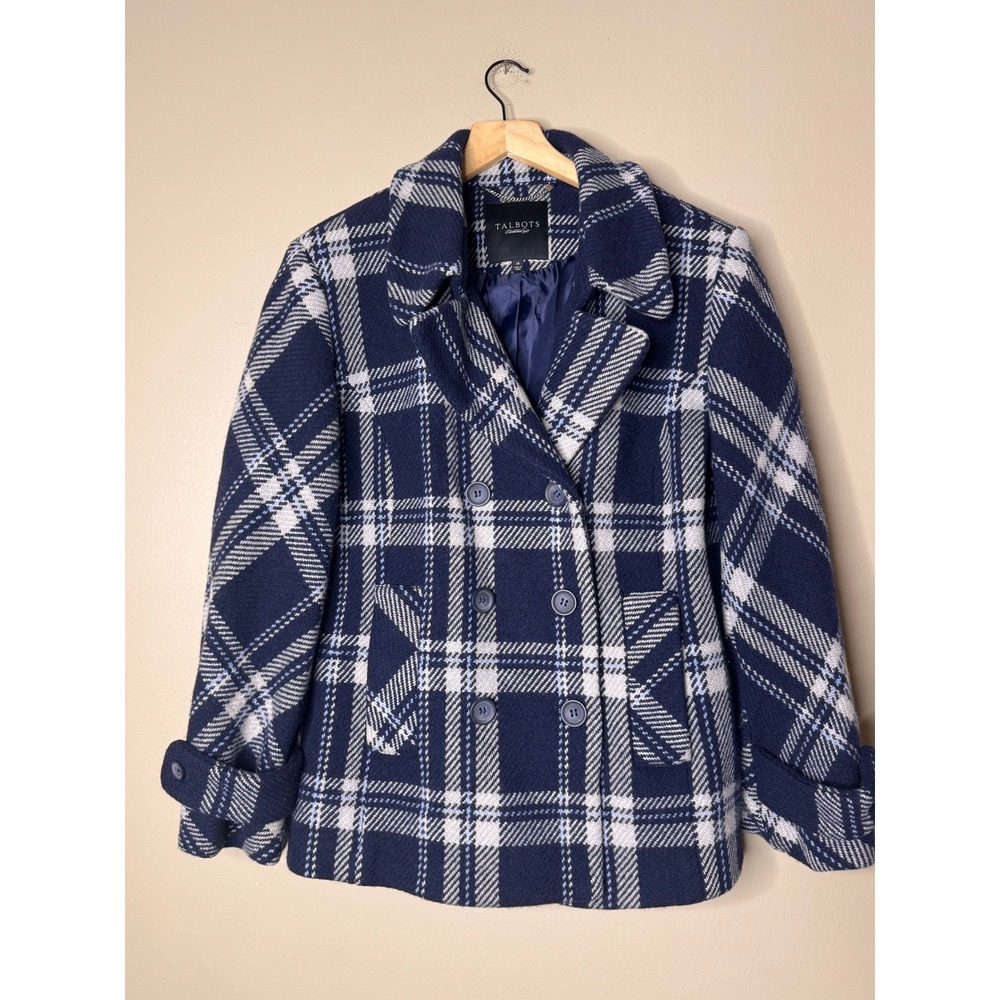 Talbots Womens Navy Blue Plaid Double Breasted Pea Coat Jacket Size 14